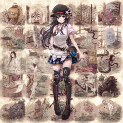 Rule 34 | 1girl, black hair, blue eyes, boots, cabbie hat, hat, highres, long hair, sepia, skirt, standing, tagme, thighhighs, traditional youkai, v-mag, vest, yin yang