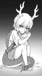 Rule 34 | 1girl, antlers, bare legs, barefoot, closed mouth, collarbone, dragon girl, dragon horns, dragon tail, eyelashes, formicid, grey background, greyscale, gun, handgun, highres, horns, kicchou yachie, monochrome, otter spirit (touhou), pointy ears, shirt, short hair, short sleeves, sitting, skirt, split mouth, tail, touhou, turtle shell, weapon