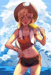Rule 34 | abs, alternate hairstyle, applejack, armband, beach, blonde hair, brown hat, cowboy hat, crop top, food, green eyes, gym shorts, hair down, hat, highres, humanization, initial, lips, long hair, muscular, muscular female, my little pony, my little pony: friendship is magic, ocean, outdoors, popsicle, short shorts, shorts, sky, solo, sportswear, sweat, sweatband, sweatdrop, towel, water, xieyanbbb