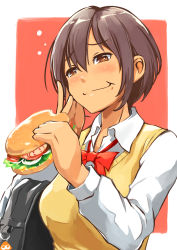 Rule 34 | 1girl, bag, black bag, blush, border, bow, bowtie, brown eyes, brown hair, burger, collared shirt, eating, food, hand up, hasegawa (morebeer), highres, lettuce, original, red background, red bow, red bowtie, shirt, short hair, shoulder bag, solo, tomato, upper body, vest, white border, white shirt, yellow vest