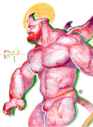 Rule 34 | 1boy, abs, bara, beard, bk zerotwo, blanc shine (bk zerotwo), bulge, colored skin, demon boy, demon horns, demon tail, demon wings, facial hair, from side, full beard, horns, large pectorals, male focus, merchandise available, muscular, muscular male, navel, nipples, original, painting (medium), pectorals, profile, red skin, solo, stomach, strongman waist, tail, thick beard, thick eyebrows, topless male, traditional media, watercolor (medium), wings