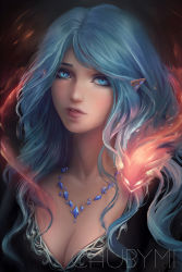 Rule 34 | 1girl, artist name, blue eyes, blue hair, breasts, chuby mi, cleavage, copyright request, earrings, fox, highres, jewelry, large breasts, lips, long hair, looking at viewer, necklace, parted lips, pointy ears, portrait, slit pupils, solo, upper body