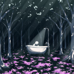 Rule 34 | 1other, ambiguous gender, avogado6, bathtub, claw foot bathtub, commentary request, dappled sunlight, day, faucet, flower, forest, from side, light rays, nature, original, outdoors, petals, short hair, shower head, sitting, solo, sunbeam, sunlight, surreal, tree, wide shot