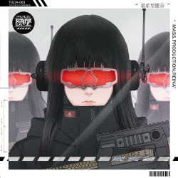 Rule 34 | 3girls, absurdres, artist name, barcode, black hair, black jacket, border, closed mouth, facing viewer, gharliera1, glowing, headset, highres, holding, holding weapon, jacket, long hair, multiple girls, original, portrait, red goggles, sign, solo focus, the girls of armament, translation request, warning sign, weapon, white border