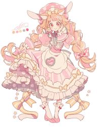 Rule 34 | 1girl, animal ears, apron, artist name, blush, bobby socks, bonnet, braid, brown hair, dress, earrings, english text, flower, frilled skirt, frills, gown, hair flower, hair ornament, hair ribbon, hand on own face, high heels, holding, holding clothes, holding skirt, jewelry, laces, lolita fashion, long dress, long hair, long sleeves, looking at viewer, multicolored hair, original, pink dress, pink hair, polka dot, puffy sleeves, pumps, rabbit ears, red eyes, ribbon, shoes, signature, simple background, skirt, sleeve cuffs, smile, socks, solo, striped clothes, striped dress, tagging atm, too many, turtleneck, twin braids, uekura eku, unmoving pattern, very long hair, white background