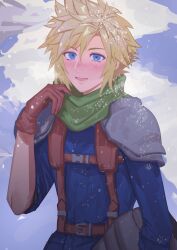 Rule 34 | 1boy, armor, blonde hair, blue eyes, blue shirt, blue sky, blush, brown gloves, carrying, carrying under arm, chest strap, cloud, cloud strife, cloudy sky, commentary request, crisis core final fantasy vii, day, final fantasy, final fantasy vii, gloves, green scarf, helmet, highres, keiseki1, leather belt, male focus, official alternate costume, open mouth, outdoors, pauldrons, scarf, shinra infantry uniform, shirt, short hair, shoulder armor, sky, sleeves rolled up, smile, snow, solo, spiked hair, suspenders, unworn headwear, unworn helmet, upper body