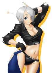Rule 34 | 1girl, ahoge, angel (kof), arm behind head, blue eyes, breasts, chaps, cleavage, cleavage cutout, clothing cutout, contrapposto, crop top, fingerless gloves, gloves, hand on own hip, heart, highres, large breasts, midriff, navel, short hair, silver hair, sleeves rolled up, snk, solo, spoken heart, standing, the king of fighters, thighhighs, tsukumo (inatsuku)