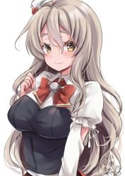 Rule 34 | 1girl, absurdres, ascot, bodice, bow, bowtie, breasts, brown eyes, corset, dated, grey hair, hair between eyes, hat, highres, kantai collection, large breasts, long hair, mashiro yukiya, mini hat, pola (kancolle), red skirt, shirt, signature, skirt, solo, thick eyebrows, upper body, wavy hair, white shirt