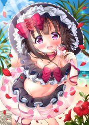 Rule 34 | 1girl, absurdres, armpits, beach, belly, bikini, black bikini, black hat, blush, bow, brown hair, choker, commission, commissioner upload, criss-cross halter, eating, fallenshadow, feet, female focus, flat chest, flower, food, food on face, frilled bikini, frills, garter straps, hair bow, halterneck, hand on headwear, hat, highres, holding, holding clothes, holding food, holding hat, ice cream, ice cream cone, ice cream cone spill, indie virtual youtuber, innertube, large hat, leg ribbon, looking at viewer, md5 mismatch, mumu (mori rin930), navel, ocean, open mouth, outdoors, palm tree, petite, pink bow, pink eyes, resolution mismatch, ribbon, short hair, skeb commission, sky, smile, solo, source smaller, standing, standing on one leg, summer, sun hat, swim ring, swimsuit, swimsuit skirt, tree, virtual youtuber