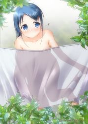 Rule 34 | 1girl, bare shoulders, blue eyes, blue hair, blush, breasts, closed mouth, commentary request, curtains, feet out of frame, gradient hair, kantai collection, leaf, leaning forward, long hair, mae (maesanpicture), medium breasts, multicolored hair, musical note, nude, outdoors, panties, panties around leg, samidare (kancolle), see-through silhouette, silhouette, solo, swept bangs, tile wall, tiles, transparent, twitter username, underwear, undressing, very long hair