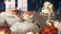 Rule 34 | 1boy, animal ears, arknights, bara, belt, black belt, black tank top, bright pupils, chain, chain necklace, cup, facial hair, feet out of frame, furry, furry male, goatee, holding, holding cup, jewelry, lying, male focus, mountain (arknights), mumuthelion, muscular, muscular male, necklace, nipple slip, nipples, on back, paid reward available, pants, pectorals, scar, scar across eye, scar on arm, scar on face, short hair, shoulder spikes, sidepec, solo, spikes, tail, tank top, thick thighs, thighs, tiger boy, tiger ears, tiger stripes, tiger tail, tight clothes, tight pants, white fur, white pants
