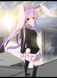 Rule 34 | 1girl, animal ears, arms behind back, bad id, bad pixiv id, black thighhighs, blazer, blush, breath, brown footwear, building, cloud, day, full body, hair between eyes, jacket, light purple hair, long hair, long sleeves, looking at viewer, open mouth, outdoors, pleated skirt, purple hair, rabbit ears, rabbit girl, rabbit tail, red eyes, reisen udongein inaba, shoes, skirt, sky, snowing, solo, standing, sunrise, tail, thighhighs, touhou, xialuluo (sharuro), zettai ryouiki