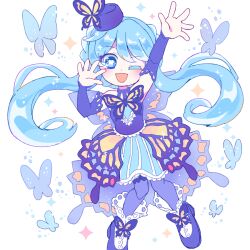Rule 34 | 1girl, :d, ;d, animal print, arm up, blue eyes, blue footwear, blue hair, blush, braid, bridal gauntlets, bug, butterfly, butterfly in eye, butterfly print, colored eyelashes, dress, fickle (otoca d&#039;or), full body, grey pantyhose, hand up, insect, light blue hair, looking at viewer, multicolored clothes, multicolored dress, nonokusu (no2xnox), one eye closed, open mouth, otoca d&#039;or, pantyhose, shoes, side braids, simple background, sleeveless, sleeveless dress, smile, socks, solo, sparkle, striped clothes, striped dress, swept bangs, twintails, white background, white socks