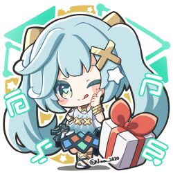 Rule 34 | 1girl, aqua hair, artist name, box, chibi, clothing cutout, commentary request, dress, faruzan (genshin impact), full body, genshin impact, gift, gift box, green eyes, hair ornament, hand on own hip, hand up, highres, index finger raised, long hair, niwa 2810, shoulder cutout, solo, symbol-shaped pupils, thighlet, triangle-shaped pupils, twintails, white dress, wristlet, x hair ornament