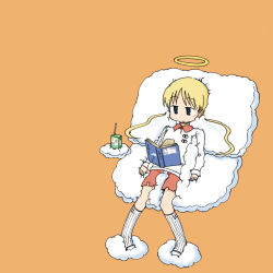 Rule 34 | 1girl, arawi keiichi, book, carton, chair, character request, cloud, couch, drink, drinking straw, halo, open book, orange background, reading, simple background, sitting, socks, solo