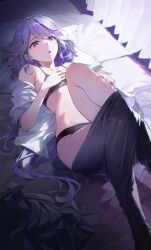 Rule 34 | 1girl, absurdres, black bra, black panties, black pantyhose, blue eyes, blue hair, bra, breasts, clothes pull, curtains, furina (genshin impact), genshin impact, grey hair, hair between eyes, head on pillow, highres, indoors, kawa683, knees up, long hair, looking at viewer, lying, mismatched pupils, multicolored hair, off shoulder, on back, open clothes, open mouth, open shirt, panties, pantyhose, pantyhose pull, shirt, sidelighting, small breasts, solo, underwear, white shirt