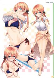 Rule 34 | 10s, 1girl, absurdres, anchor hair ornament, armpit peek, arms behind back, ass, barefoot, bikini, blonde hair, blue bikini, blue eyes, blush, breast hold, breasts, cleavage, clothes lift, contrapposto, feet, full body, gintarou (kurousagi108), hair ornament, hair over shoulder, hair ribbon, halterneck, hand on own chest, highres, kantai collection, leaning forward, lifted by self, looking at viewer, lying, medium breasts, multiple views, navel, nose blush, on stomach, prinz eugen (kancolle), ribbon, sarong, scan, shirt, shirt lift, side-tie bikini bottom, smile, strap gap, string bikini, swimsuit, tied shirt, twintails, underboob, undressing, wavy mouth