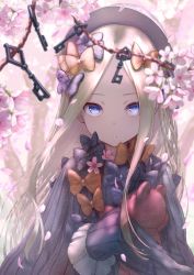 Rule 34 | 1girl, abigail williams (fate), black bow, black dress, black hat, blonde hair, blue eyes, blurry, blurry foreground, bow, branch, commentary request, depth of field, dress, fate/grand order, fate (series), flower, forehead, hair bow, hat, highres, hugging object, kachayori, key, long hair, long sleeves, looking at viewer, orange bow, parted bangs, parted lips, pink flower, polka dot, polka dot bow, sleeves past fingers, sleeves past wrists, solo, stuffed animal, stuffed toy, teddy bear, very long hair