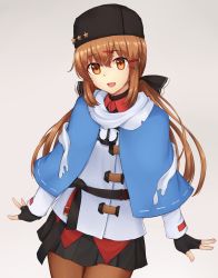 Rule 34 | 1girl, bad id, bad pixiv id, belt, black bow, blouse, blue shawl, boots, bow, brown eyes, brown hair, brown pantyhose, cold (hoshinoskull), cowboy shot, fur hat, hair between eyes, hair bow, hair ornament, hairclip, hat, highres, jacket, kantai collection, long hair, long sleeves, looking at viewer, low twintails, miniskirt, open mouth, pantyhose, papakha, red shirt, russian clothes, scarf, shawl, shirt, skirt, solo, star (symbol), tashkent (kancolle), thigh boots, thighhighs, thighs, torn clothes, torn scarf, twintails, white jacket, white scarf