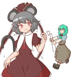 Rule 34 | 2girls, animal ears, black footwear, blue capelet, blush, bow, bright pupils, brown bow, brown dress, brown ribbon, capelet, closed mouth, cosplay, costume switch, dowsing rod, dress, frilled ribbon, frills, front ponytail, green eyes, green hair, grey dress, grey hair, hair bow, hair ribbon, highres, holding, holding clothes, holding dress, jewelry, kagiyama hina, kagiyama hina (cosplay), long hair, long sleeves, mizusoba, mouse ears, multiple girls, nazrin, nazrin (cosplay), pendant, red eyes, ribbon, short hair, short sleeves, simple background, smile, standing, sweat, touhou, white background, white pupils