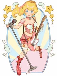 Rule 34 | 1girl, alternate costume, blonde hair, blue eyes, breasts, choker, cleavage, commentary, earrings, electric guitar, english commentary, fender stratocaster, guitar, highres, holding, holding instrument, holding microphone stand, instrument, jewelry, jivke, looking at viewer, mario (series), medium breasts, microphone stand, nintendo, parted lips, pink choker, ponytail, princess peach, solo, sphere earrings, super star (mario), thighhighs