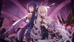 Rule 34 | 2girls, asymmetrical clothes, bare shoulders, baseness, black gloves, breasts, bronya zaychik, bronya zaychik (silverwing: n-ex), cleavage, closed mouth, criss-cross halter, detached sleeves, dress, drill hair, glint, gloves, grey eyes, grey hair, gun, hair ornament, half updo, halterneck, hand up, highres, holding, holding gun, holding sword, holding weapon, honkai (series), honkai impact 3rd, katana, large breasts, long hair, long sleeves, looking at viewer, multiple girls, outstretched arm, purple gloves, purple hair, raiden mei, single glove, single sleeve, sleeveless, sleeveless dress, sword, twin drills, very long hair, weapon, white dress