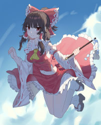 Rule 34 | 1girl, absurdres, ascot, blue sky, bow, cloud, collar, detached sleeves, eyebrows hidden by hair, geta, hair bow, hair tubes, hakurei reimu, highres, medium hair, midriff peek, nontraditional miko, outdoors, red bow, red eyes, red shirt, red skirt, ribbon-trimmed sleeves, ribbon trim, sarashi, shirt, sidelocks, skirt, skirt set, sky, sleeveless, socks, solo, touhou, white collar, white socks, yellow ascot, youpofen