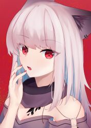 Rule 34 | 1girl, absurdres, animal ear fluff, animal ears, arknights, bad hands, bare shoulders, commentary request, frostleaf (arknights), grey hair, grey shirt, hand up, highres, kotoha (kotoha65), long hair, looking at viewer, nail polish, off-shoulder shirt, off shoulder, red background, red eyes, red nails, shirt, simple background, solo, upper body