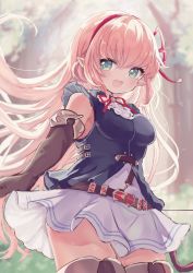 Rule 34 | 1girl, :d, absurdres, arisa (shadowverse), blue shirt, blurry, blurry background, bow (weapon), breasts, brown gloves, brown hair, brown thighhighs, day, depth of field, elbow gloves, elf, floating hair, gloves, green eyes, hair between eyes, hair ribbon, hairband, highres, karunabaru, long hair, looking at viewer, medium breasts, open mouth, outdoors, pleated skirt, pointy ears, red hairband, red ribbon, ribbon, shadowverse, shirt, skirt, sleeveless, sleeveless shirt, smile, solo, thighhighs, tree, very long hair, weapon, white skirt