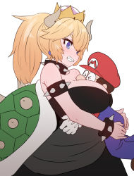 Rule 34 | 1girl, bare shoulders, between breasts, black dress, blonde hair, blue eyes, blush, bowsette, bracelet, breast smother, breasts, collar, commentary, crown, dress, face to breasts, head between breasts, horns, hug, jewelry, large breasts, looking at viewer, mario, mario (series), new super mario bros. u deluxe, nintendo, ponytail, sharp teeth, spiked bracelet, spiked collar, spikes, sumiyao (amam), super crown, teeth, turtle shell