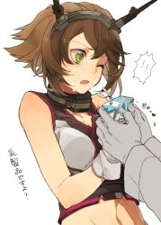 Rule 34 | 10s, 1girl, admiral (kancolle), brown hair, drinking straw, gloves, green eyes, hairband, hita (hitapita), juice box, kantai collection, midriff, milk, mutsu (kancolle), one eye closed, open mouth, sexually suggestive, short hair, solo focus, squeezing, translated