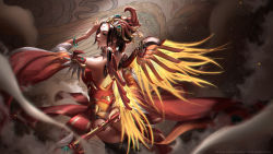 Rule 34 | 1girl, arm behind back, armpits, back, bare shoulders, bird, black thighhighs, brown hair, detached collar, detached sleeves, half-closed eyes, headdress, highres, liang xing, mechanical wings, mercy (overwatch), mural, overwatch, overwatch 1, phoenix, showgirl skirt, smoke, solo, staff, tagme, thighhighs, wings, zettai ryouiki, zhuque mercy