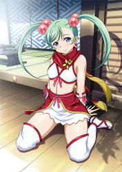 Rule 34 | 00s, 1girl, blue eyes, breasts, cleavage, earrings, female focus, green hair, hair bobbles, hair ornament, head tilt, ikkitousen, jewelry, looking at viewer, magatama, magatama earrings, midriff, miniskirt, ninja, outdoors, scarf, shokatsuryou koumei, sitting, skirt, small breasts, smile, solo, thighhighs, twintails, wariza, white thighhighs