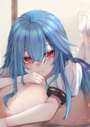 Rule 34 | 1girl, blouse, blue hair, blurry, closed mouth, depth of field, hair between eyes, highres, hinanawi tenshi, long hair, looking at viewer, lying, on stomach, pillow, red eyes, shirt, short sleeves, solo, touhou, tsune (tune), white legwear, white shirt