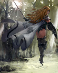 Rule 34 | 1990s (style), 1girl, armor, ass, belt, blonde hair, boots, cape, celes chere, elbow pads, final fantasy, final fantasy vi, floating, floral print, forest, gauntlets, gloves, hairband, high heel boots, high heels, iwanai tomoeju, iwauchi tomoki, knee pads, leg armor, leotard, light, long hair, looking back, nature, pauldrons, rapier, shield, shoulder armor, solo, sword, thigh boots, thighhighs, tree, water, weapon