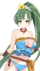Rule 34 | 1girl, absurdres, bare shoulders, bikini, blue bikini, breasts, cleavage, earrings, facing viewer, fire emblem, fire emblem: the blazing blade, fire emblem heroes, flower, green eyes, green hair, hair flower, hair ornament, high ponytail, highres, jewelry, large breasts, long hair, looking at viewer, lyn (fire emblem), lyn (summer) (fire emblem), n 54, nintendo, official alternate costume, ponytail, smile, solo, swimsuit, upper body, very long hair, white background