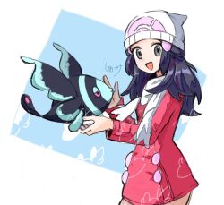 Rule 34 | 1girl, beanie, black eyes, black hair, blonde hair, border, coat, creatures (company), dawn (pokemon), dot nose, fish, from side, game freak, gen 4 pokemon, hat, holding, holding pokemon, long hair, looking at viewer, lumineon, nintendo, open mouth, pink coat, pokemon, pokemon (creature), pokemon dppt, scarf, shiozuke, signature, white border, white hat, white scarf
