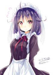 Rule 34 | 1girl, alternate costume, apron, black dress, blush, breasts, closed mouth, dress, frills, hair between eyes, hair flaps, highres, hizaka, kantai collection, long hair, looking at viewer, maid, maid apron, maid headdress, one-hour drawing challenge, puffy sleeves, purple hair, red eyes, ribbon, simple background, skirt, solo, taigei (kancolle), twitter username, victorian maid, white background