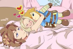 Rule 34 | 1boy, 1girl, 500 dollar four foot tall mareep (meme), absurdres, blush, brown hair, character doll, commentary, crossover, hugging doll, drooling, english commentary, heart, highres, indoors, karbuitt, kid icarus, kid icarus uprising, laurel crown, light brown hair, link, meme, mouth drool, viridi, nintendo, hugging object, pit (kid icarus), super smash bros., the legend of zelda, the legend of zelda: breath of the wild, under covers