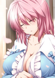 Rule 34 | 1girl, :o, blue bow, blue ribbon, blush, bow, breast hold, breasts, center frills, cleavage, closed eyes, collarbone, commentary request, eyes visible through hair, frills, head tilt, highres, japanese clothes, kimono, large breasts, long sleeves, motion blur, no bra, no headwear, nori tamago, open clothes, open kimono, open mouth, parted lips, petals, pink hair, ribbon, ribbon trim, saigyouji yuyuko, sleeping, sleeping upright, solo, sunlight, touhou, upper body