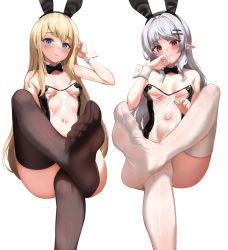 Rule 34 | 2girls, 3:, animal ears, arm up, ass, bare arms, bare shoulders, black leotard, blonde hair, blue eyes, bow, bowtie, breasts, brown thighhighs, closed mouth, commission, convenient leg, detached collar, fake animal ears, feet, foreshortening, hair ornament, hairband, hairclip, hand up, highres, leg up, leotard, long hair, looking at viewer, medium breasts, meme attire, multiple girls, navel, original, pharamacom, playboy bunny, pointy ears, rabbit ears, red eyes, second-party source, see-through, simple background, sitting, smile, thighhighs, toes, translucent bunnysuit, white background, white hair, white thighhighs, wrist cuffs