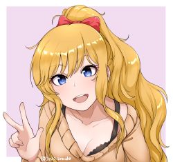 Rule 34 | 1girl, :d, artist name, blonde hair, blue eyes, collarbone, commentary, disco brando, hair ribbon, highres, idolmaster, idolmaster cinderella girls, long hair, looking at viewer, ohtsuki yui, open mouth, pink background, ponytail, red ribbon, ribbon, simple background, smile, solo, twintails, upper body, w
