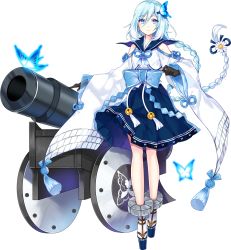 Rule 34 | 1girl, black gloves, blue eyes, blue hair, braid, bug, butterfly, cannon, full body, gloves, hair ornament, hyogo (oshiro project), insect, long hair, long skirt, looking at viewer, oshiro project:re, oshiro project:re, pleated skirt, ririkuto, skirt, solo, standing, transparent background, twin braids, twintails, wide sleeves