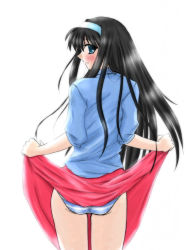 Rule 34 | 00s, 1girl, black hair, blue eyes, blush, bow, clothes lift, hairband, lifting own clothes, long hair, long skirt, looking back, panties, simple background, skirt, skirt lift, solo, tohno akiha, tsukihime, underwear