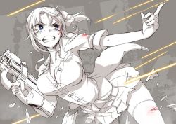 Rule 34 | 1girl, blonde girl (itou), blue eyes, blush, bow, breasts, bright pupils, bullpup, buttons, cleavage, clenched teeth, collared shirt, commentary request, debris, dress shirt, firing, greyscale, gun, hair bow, holding, holding gun, holding weapon, itou (onsoku tassha), large breasts, medium hair, middle finger, monochrome, njury, original, pleated skirt, ponytail, shirt, simple background, skirt, solo, spot color, submachine gun, tears, teeth, weapon, wing collar