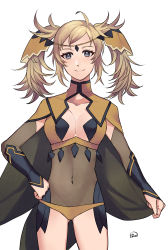 Rule 34 | 1girl, absurdres, ahoge, alternate hairstyle, blonde hair, bodystocking, breasts, bridal gauntlets, cape, closed mouth, covered navel, fire emblem, fire emblem heroes, gluteal fold, gold panties, grey eyes, highres, holding, holding cape, holding clothes, looking at viewer, medium breasts, nintendo, ophelia (fire emblem), runteya, solo, thighs, turtleneck, twintails, upper body