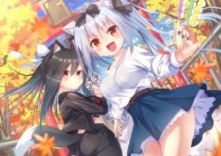 Rule 34 | 2girls, :d, alternate costume, animal ears, autumn leaves, azur lane, baozi, belt, black hair, black shorts, blue nails, blue sky, blurry, bow, casual, cat ears, cloud, cloudy sky, commentary request, contemporary, dango, depth of field, eating, food, from behind, hair between eyes, hair bow, hair ribbon, holding, holding food, holding skewer, leaning forward, long hair, looking at viewer, midriff, multiple girls, nail polish, open mouth, pocket, ponytail, red eyes, ribbon, shigure (azur lane), shorts, sidelocks, skewer, sky, smile, tail, torii, tree, tsukiman, twintails, wagashi, white hair, wind, wolf ears, wolf tail, yukikaze (azur lane)