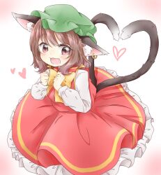 Rule 34 | 1girl, :d, animal ear fluff, animal ear piercing, animal ears, blush, bow, bowtie, brown eyes, brown hair, cat ears, cat tail, chen, commentary request, dot nose, dress, earrings, ears down, fang, frills, from above, green hat, hands up, happy, hat, heart, heart tail, highres, jewelry, long sleeves, medium hair, multiple tails, nekomata, open mouth, petticoat, red dress, simple background, single earring, slit pupils, smile, solo, swept bangs, tail, touhou, two tails, white background, yellow bow, yellow bowtie, yume suzu (yumeri)
