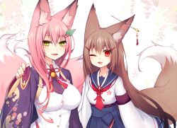 Rule 34 | 2girls, animal ear fluff, animal ears, blue sailor collar, blush, breasts, brown hair, ear piercing, facial mark, fang, floral print, fox ears, fox tail, green eyes, hair ornament, hair stick, hairclip, japanese clothes, large breasts, leaf hair ornament, long hair, long sleeves, looking at viewer, multiple girls, multiple tails, muryotaro, one eye closed, open mouth, original, piercing, pink hair, red eyes, sailor collar, smile, tail