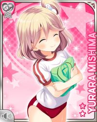 Rule 34 | 1girl, beads, blonde hair, buruma, closed eyes, girlfriend (kari), grey eyes, hospital gown, jewelry, looking at viewer, mishima yurara, necklace, neckwear request, official art, pink background, qp:flapper, red buruma, short hair, side ponytail, smile, solo, standing, tagme